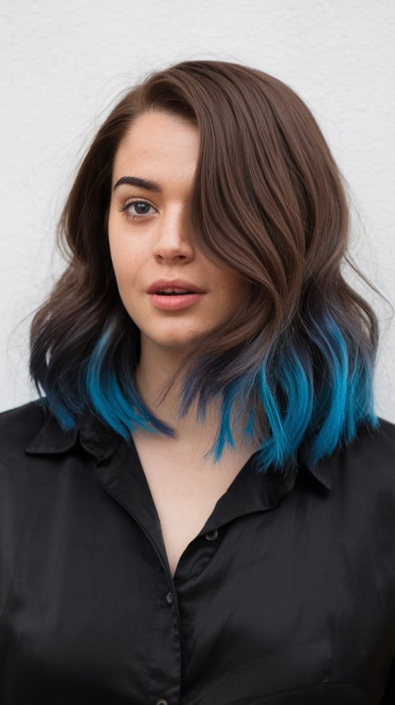 Brown Hair with Blue Peekaboo Streaks